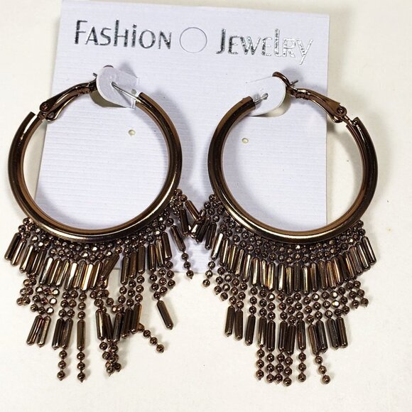 Polished Hinged Leverback Latch Fringe Hoop 2.5 inches Drop Earrings - Picture 1 of 6